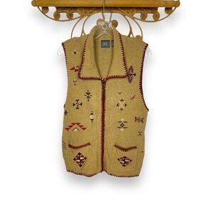 IVY women's vintage sweater vest full zip tan tribal embroidered M
